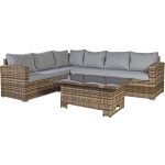 Sodo baldų komplektas ZURICH su pagalvėmis, stalu ir kampine sofa, aliuminio rėmas su plastikinėmis vytelėmis, ruda 20582 HOME4YOU