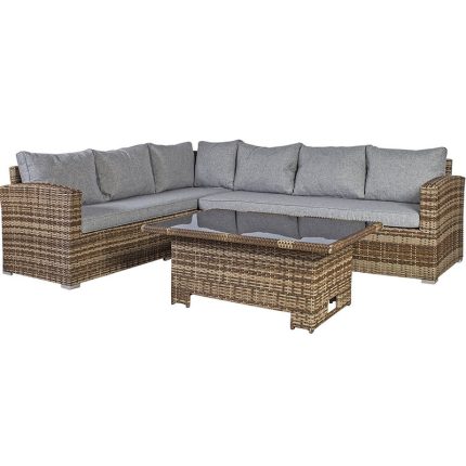 Sodo baldų komplektas ZURICH su pagalvėmis, stalu ir kampine sofa, aliuminio rėmas su plastikinėmis vytelėmis, ruda 20582 HOME4YOU