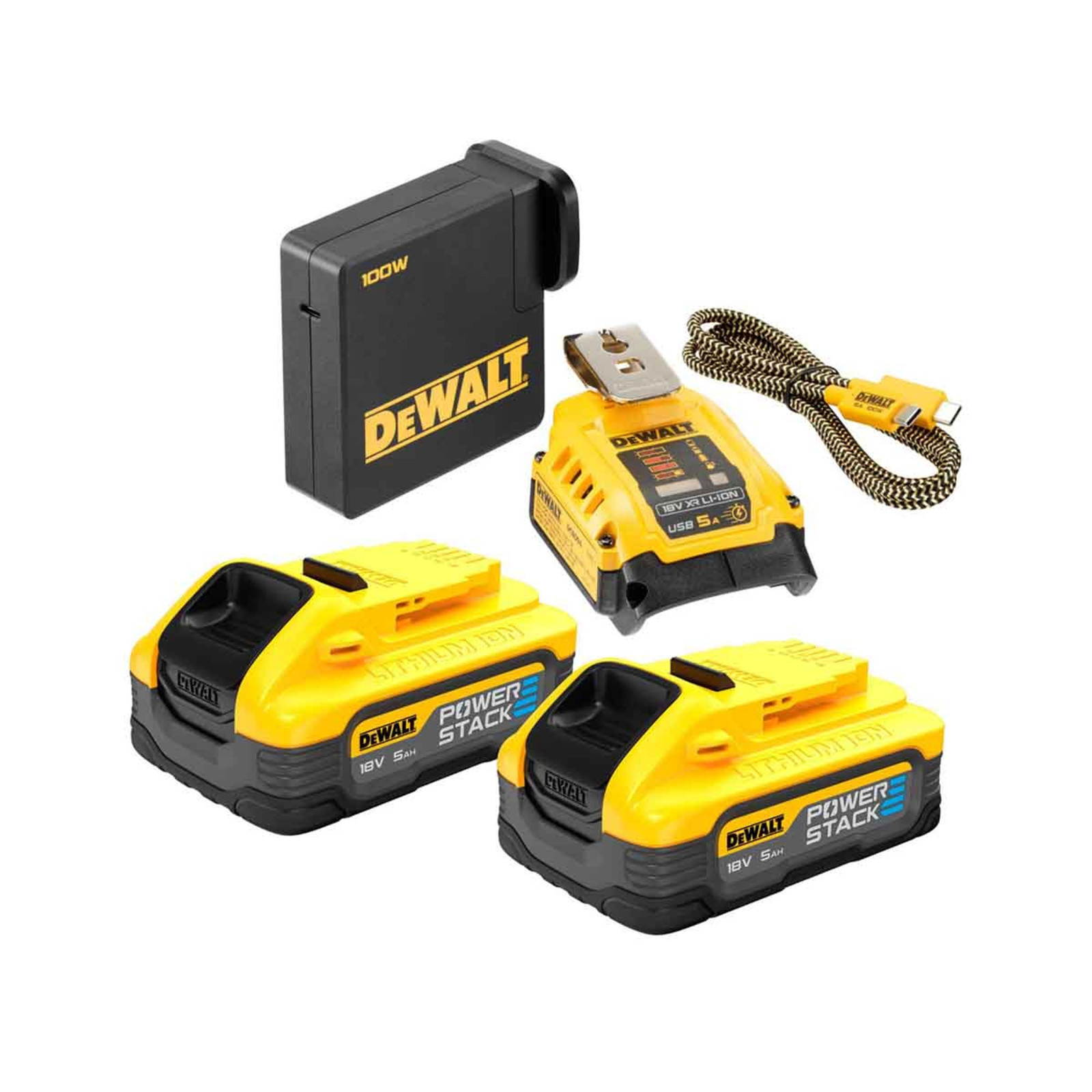 dcb094h2-dewalt-usb-akumuliatoriu-adapteriskroviklis-2x50-ah DCB094H2 DeWALT USB akumuliatorių adapteris/kroviklis (2x5.0 Ah) - Image 1