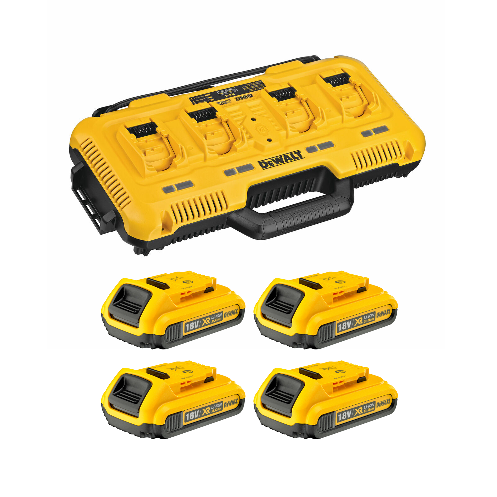 dcb104d4-dewalt-flexvolt-54v-bateriju-ir-kroviklio-rinkinys-4x20-ah DCB104D4 DeWALT FLEXVOLT 54V baterijų ir kroviklio rinkinys (4x2.0 Ah) - Image 1