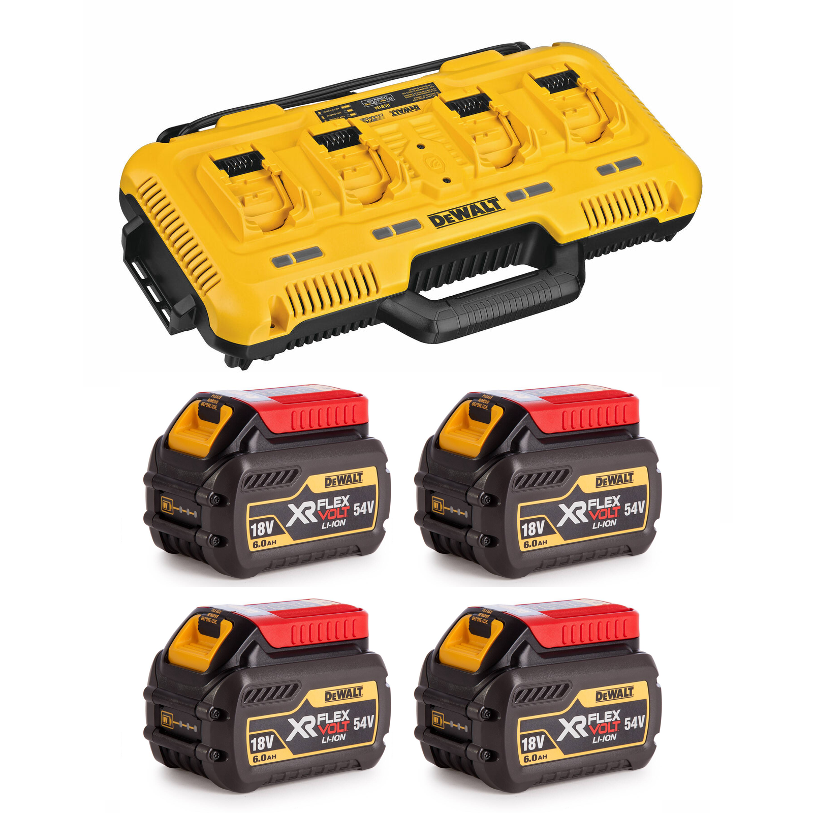 dcb104t4-dewalt-flexvolt-54v-bateriju-ir-kroviklio-rinkinys-4x60-ah DCB104T4 DeWALT FLEXVOLT 54V baterijų ir kroviklio rinkinys (4x6.0 Ah) - Image 1