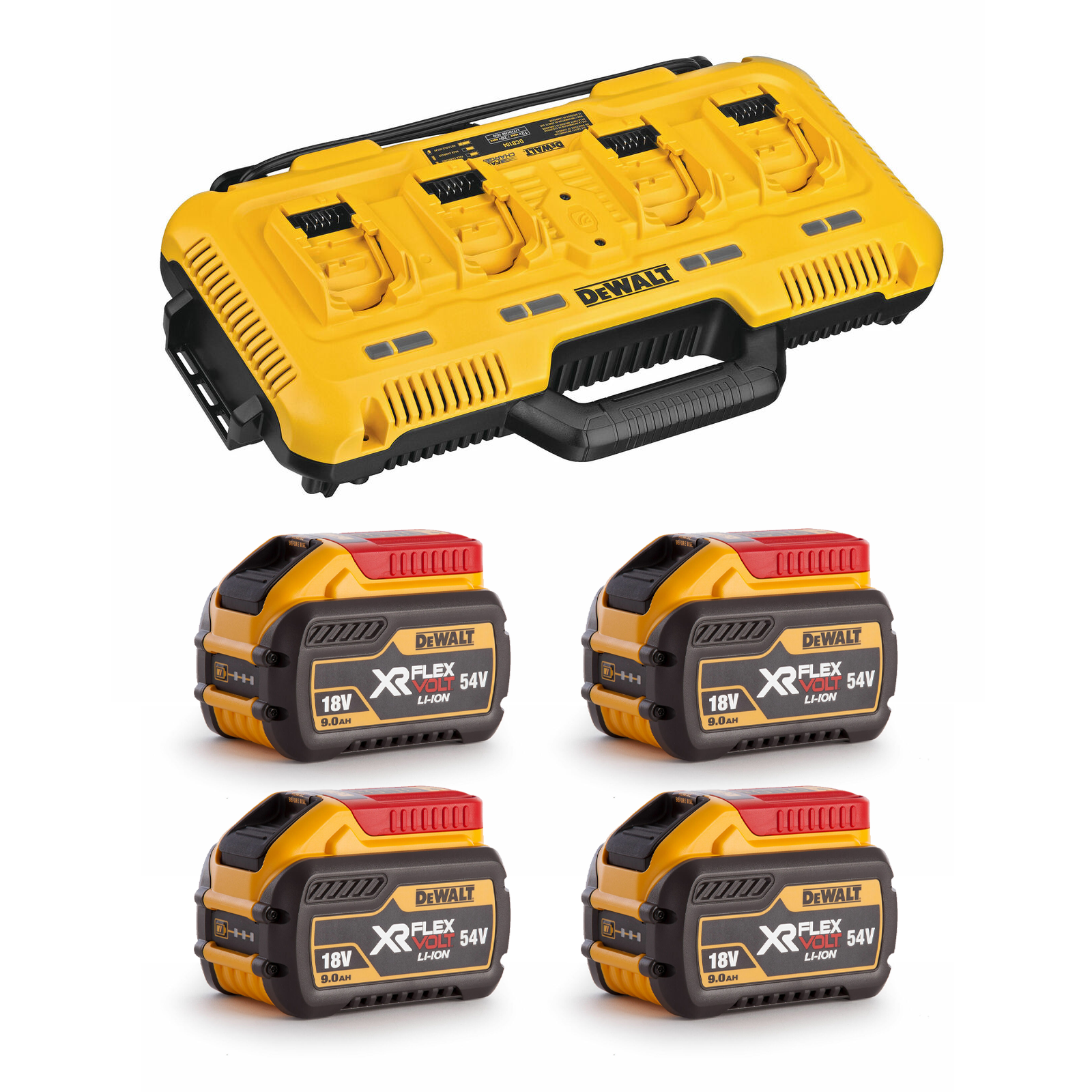 dcb104x4-dewalt-flexvolt-54v-bateriju-ir-kroviklio-rinkinys-4x90-ah DCB104X4 DeWALT FLEXVOLT 54V baterijų ir kroviklio rinkinys (4x9.0 Ah) - Image 1