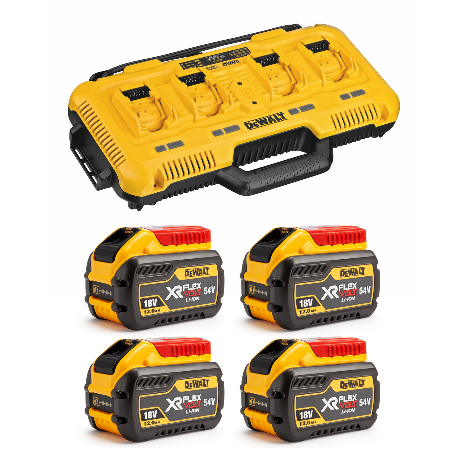 dcb104y4-dewalt-flexvolt-54v-bateriju-ir-kroviklio-rinkinys-4x120-ah DCB104Y4 DeWALT FLEXVOLT 54V baterijų ir kroviklio rinkinys (4x12.0 Ah) - Image 1