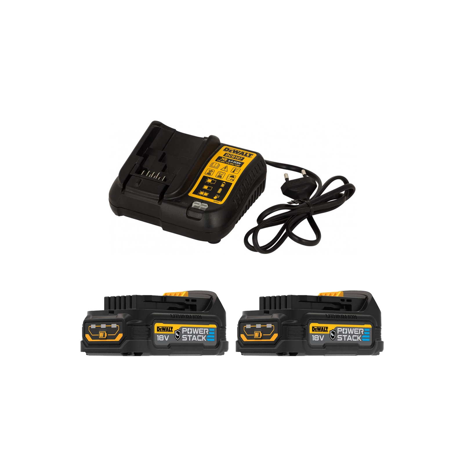 dcb107eg2-dewalt-18v-bateriju-ir-kroviklio-rinkinys-2x17-ah DCB107EG2 DeWALT 18V baterijų ir kroviklio rinkinys (2x1.7 Ah) - Image 1
