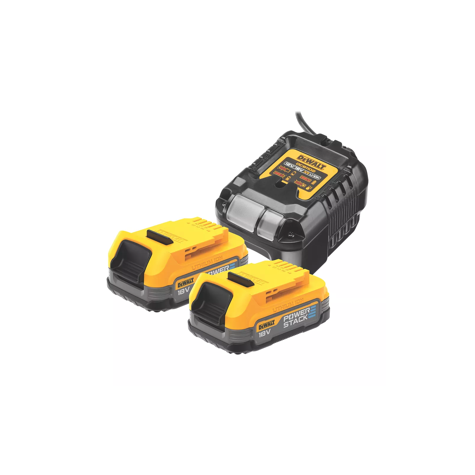 dcb1102e2-dewalt-ikroviklio-ir-akumuliatoriu-rinkinys-2x17-ah DCB1102E2 DeWALT įkroviklio ir akumuliatorių rinkinys (2x1.7 Ah) - Image 1