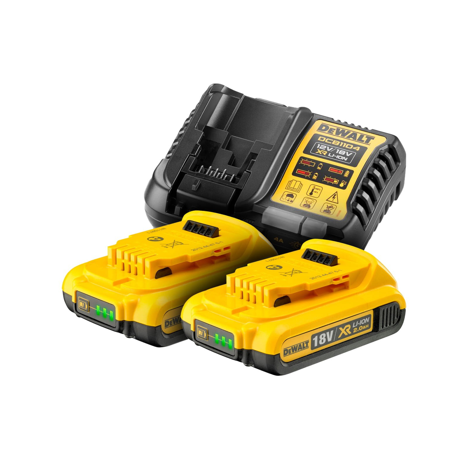 dcb1104d2-dewalt-4a-greitojo-kroviklio-ir-akumuliatoriu-rinkinys-2x20-ah DCB1104D2 DeWALT 4A greitojo kroviklio ir akumuliatorių rinkinys (2x2.0 Ah) - Image 1