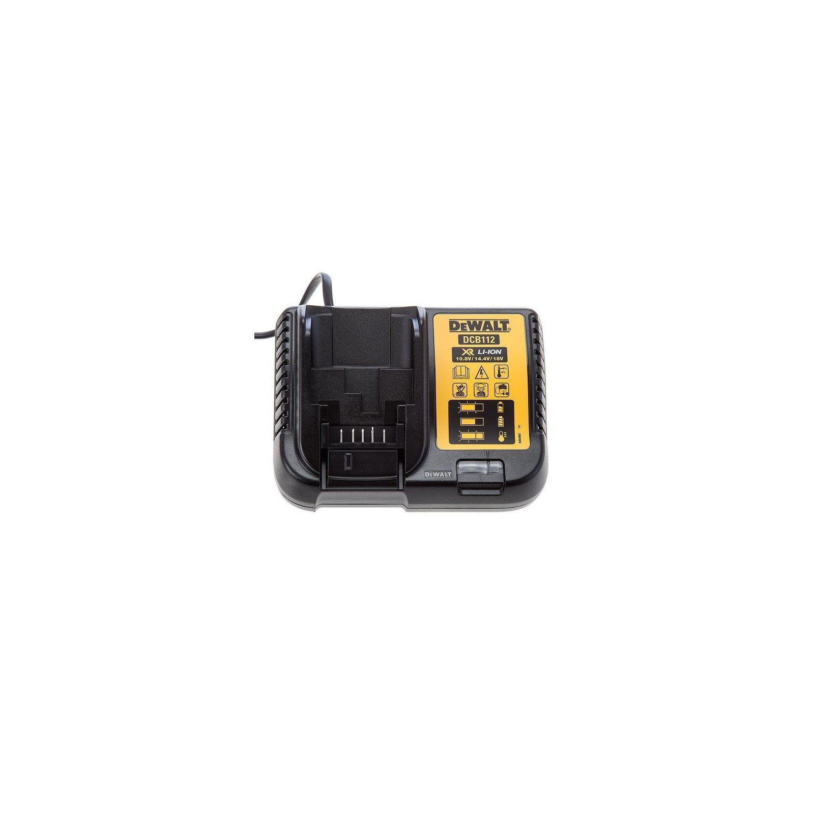 dcb112-dewalt-108v-12v-144v-ir-18v-xr-li-ion-bateriju-kroviklis DCB112 DeWALT 10.8V, 12V, 14.4V ir 18V XR Li-Ion baterijų kroviklis - Image 1