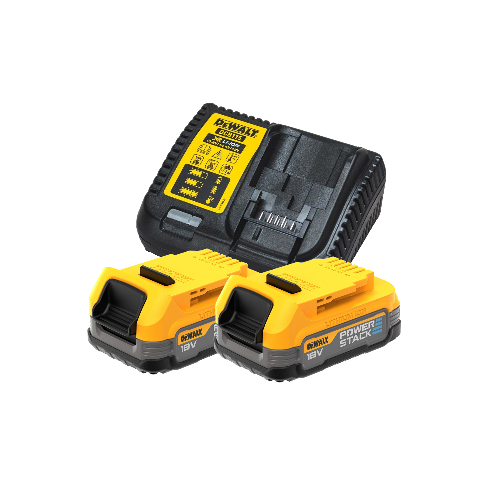 dcb115e2-dewalt-18v-powerstack-bateriju-ir-kroviklio-rinkinys-2x17-ah DCB115E2 DeWALT 18V POWERSTACK baterijų ir kroviklio rinkinys (2x1.7 Ah) - Image 1