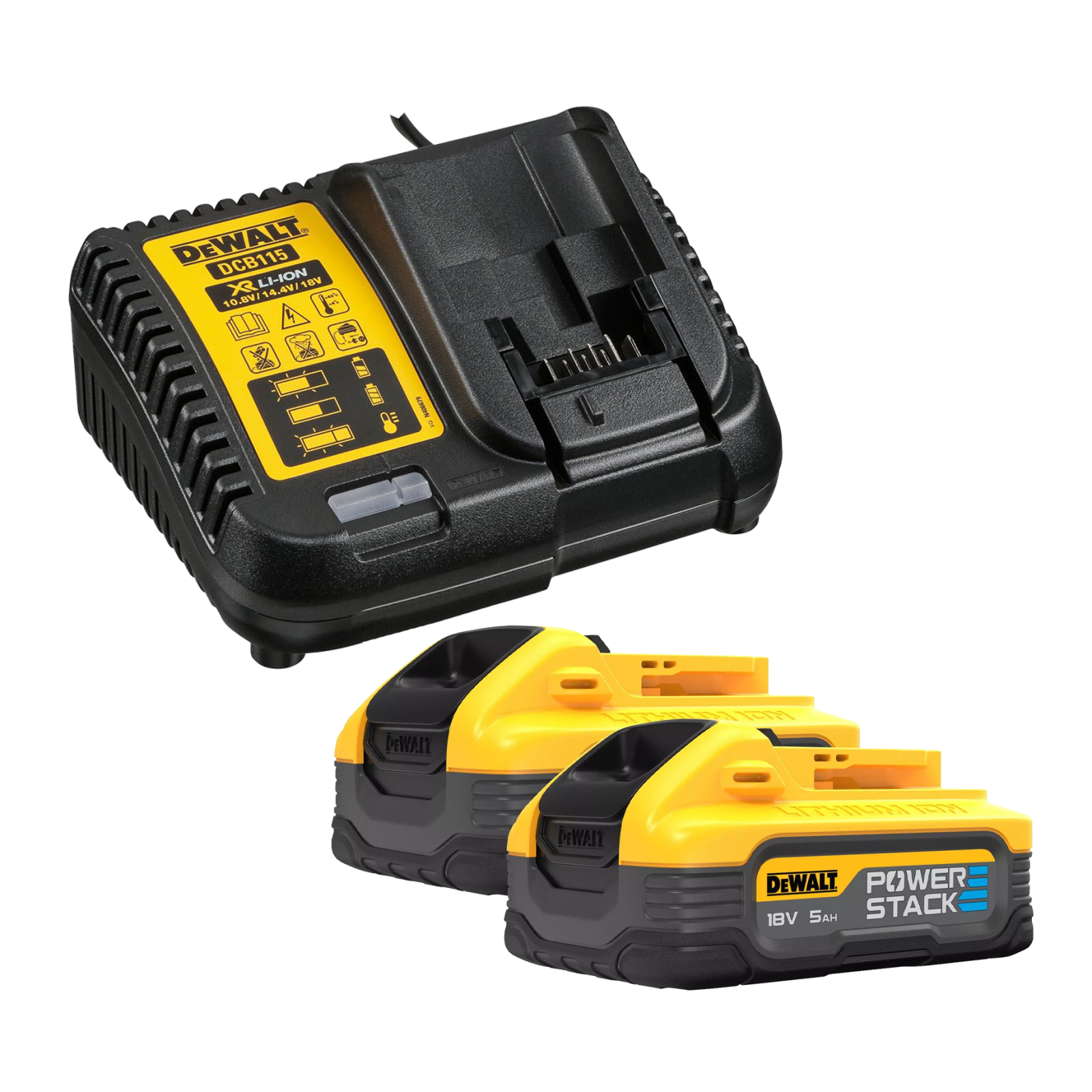 dcb115h2-dewalt-18v-bateriju-ir-kroviklio-rinkinys-2x50-ah DCB115H2 DeWALT 18V baterijų ir kroviklio rinkinys (2x5.0 Ah) - Image 1