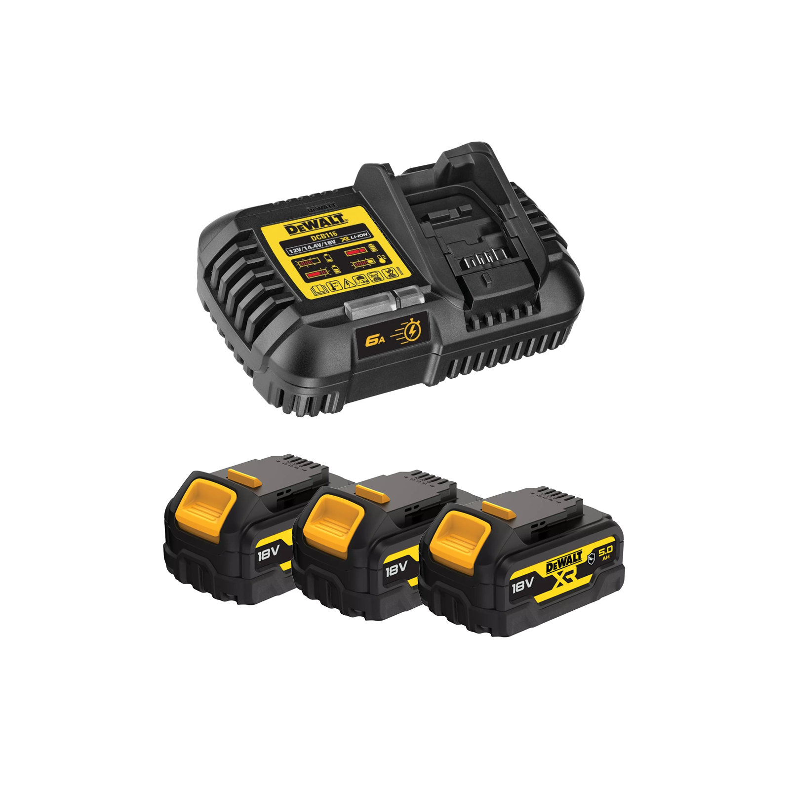 dcb116p3g-dewalt-18v-akumuliatoriu-ir-kroviklio-rinkinys-3x50-ah DCB116P3G DeWALT 18V akumuliatorių ir kroviklio rinkinys (3x5.0 Ah) - Image 1