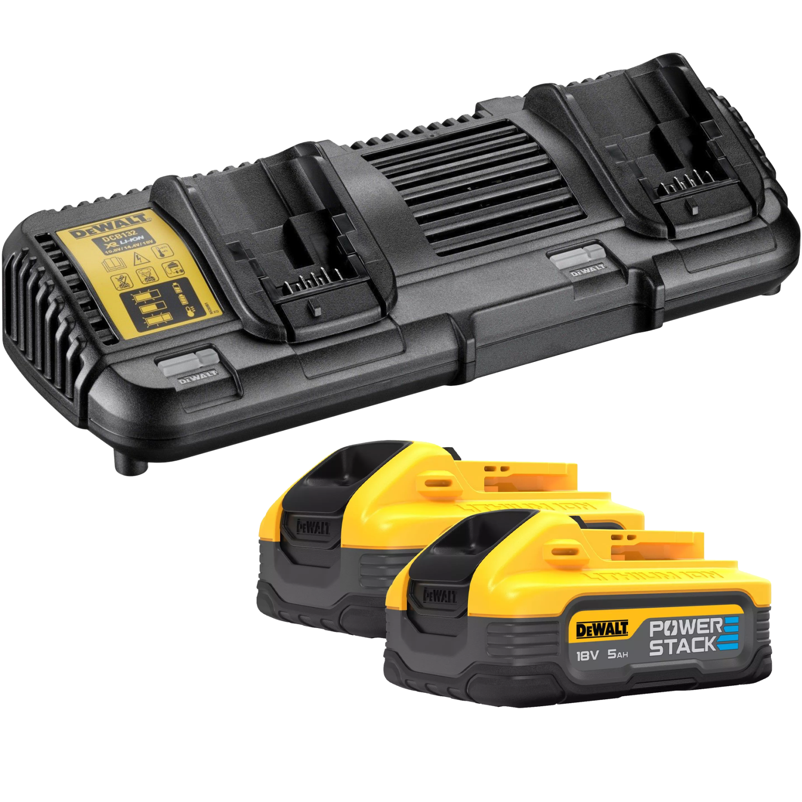 dcb132h2-dewalt-18v-bateriju-ir-dvigubo-kroviklio-rinkinys-2x50-ah DCB132H2 DeWALT 18V baterijų ir dvigubo kroviklio rinkinys (2x5.0 Ah) - Image 1