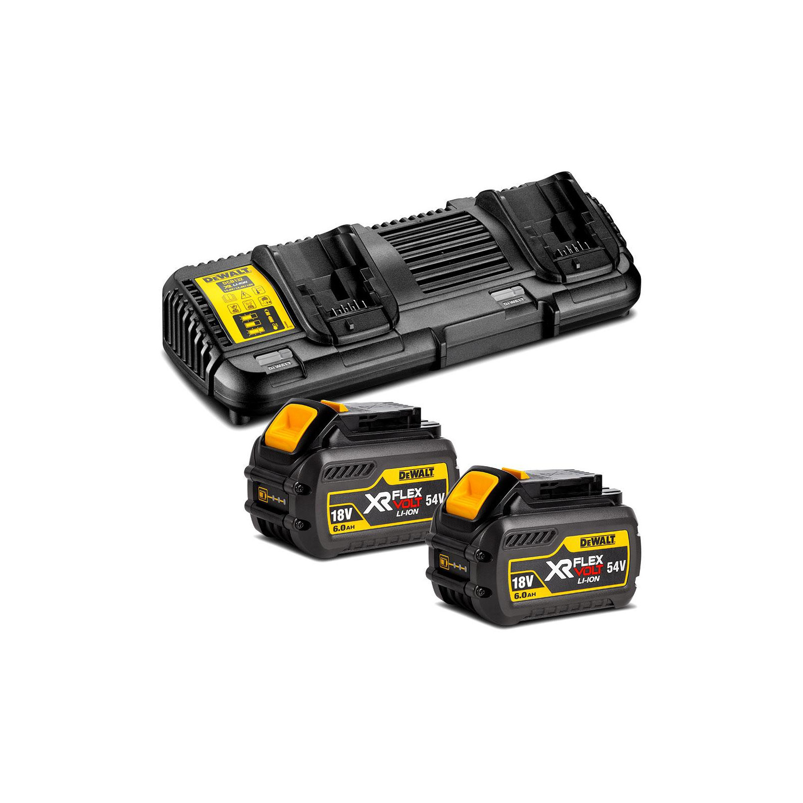 dcb132t2-dewalt-flexvolt-54v-bateriju-ir-kroviklio-rinkinys-2x60-ah DCB132T2 DeWALT FLEXVOLT 54V baterijų ir kroviklio rinkinys (2x6.0 Ah) - Image 1
