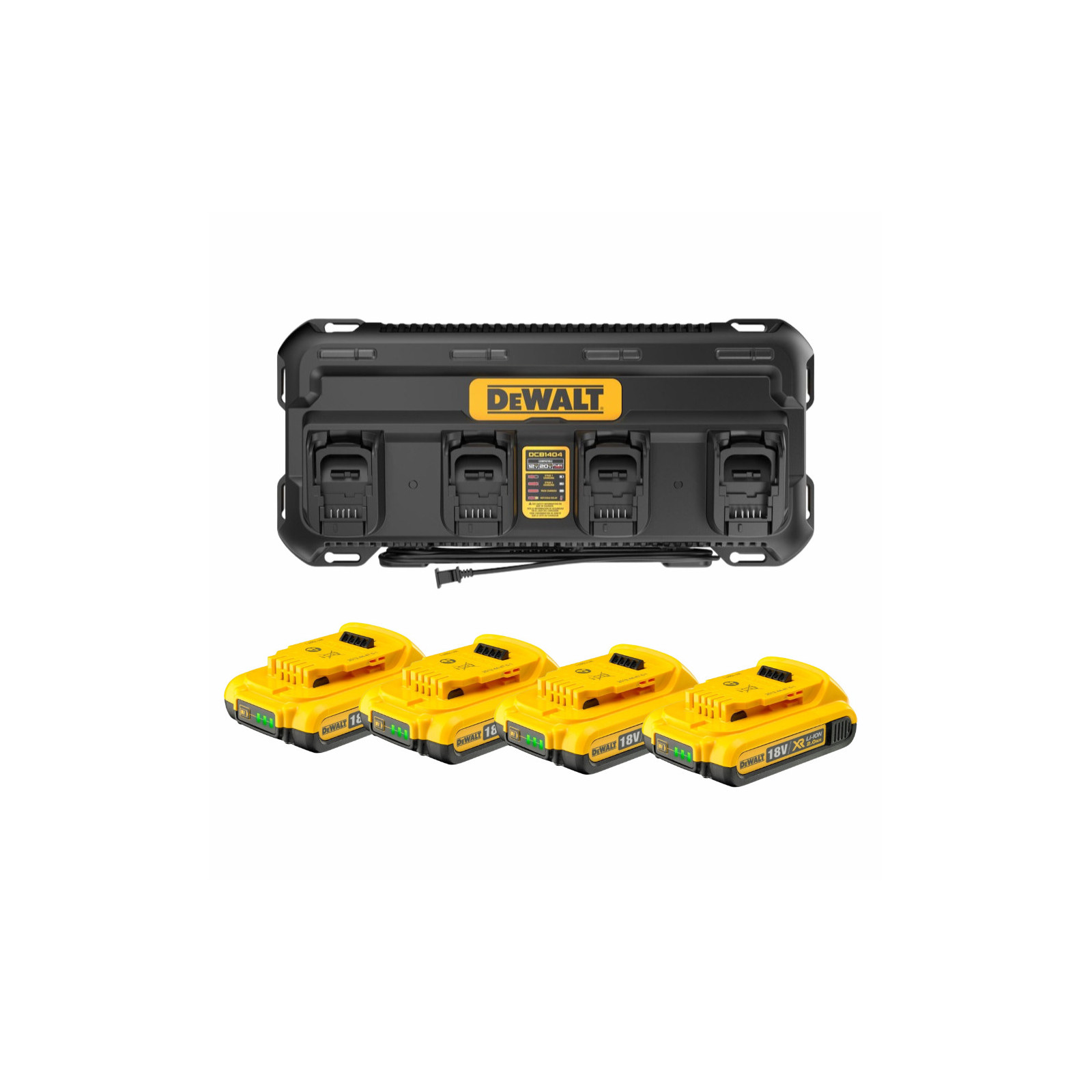 dcb1404d4-dewalt-18v-akumuliatoriu-ir-kroviklio-rinkinys-4x20-ah DCB1404D4 DeWALT 18V akumuliatorių ir kroviklio rinkinys (4x2.0 Ah) - Image 1