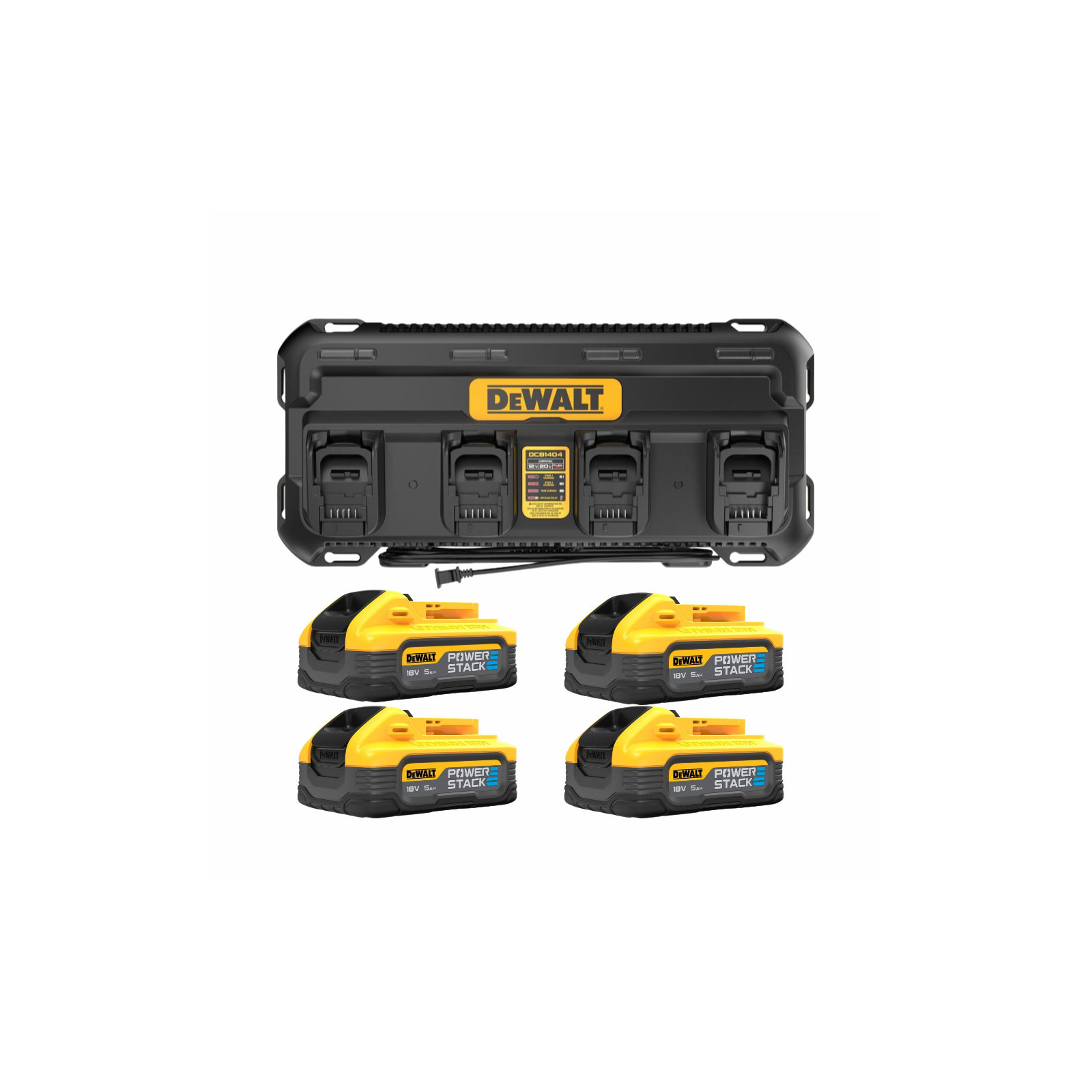 dcb1404h4-dewalt-powerstack-18v-akumuliatoriu-ir-kroviklio-rinkinys-4x50-ah DCB1404H4 DeWALT POWERSTACK 18V akumuliatorių ir kroviklio rinkinys (4x5.0 Ah) - Image 1