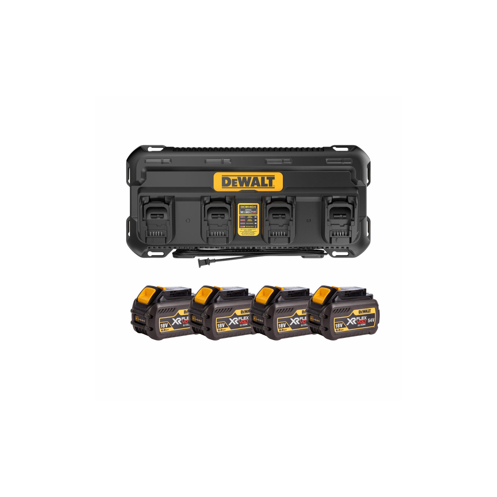 dcb1404t4-dewalt-flexvolt-54v-akumuliatoriu-ir-kroviklio-rinkinys-4x60-ah DCB1404T4 DeWALT FLEXVOLT 54V akumuliatorių ir kroviklio rinkinys (4x6.0 Ah) - Image 1