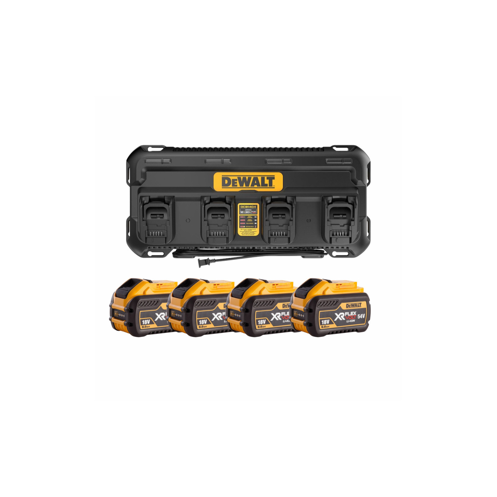dcb1404x4-dewalt-flexvolt-54v-akumuliatoriu-ir-kroviklio-rinkinys-4x90-ah DCB1404X4 DeWALT FLEXVOLT 54V akumuliatorių ir kroviklio rinkinys (4x9.0 Ah) - Image 1