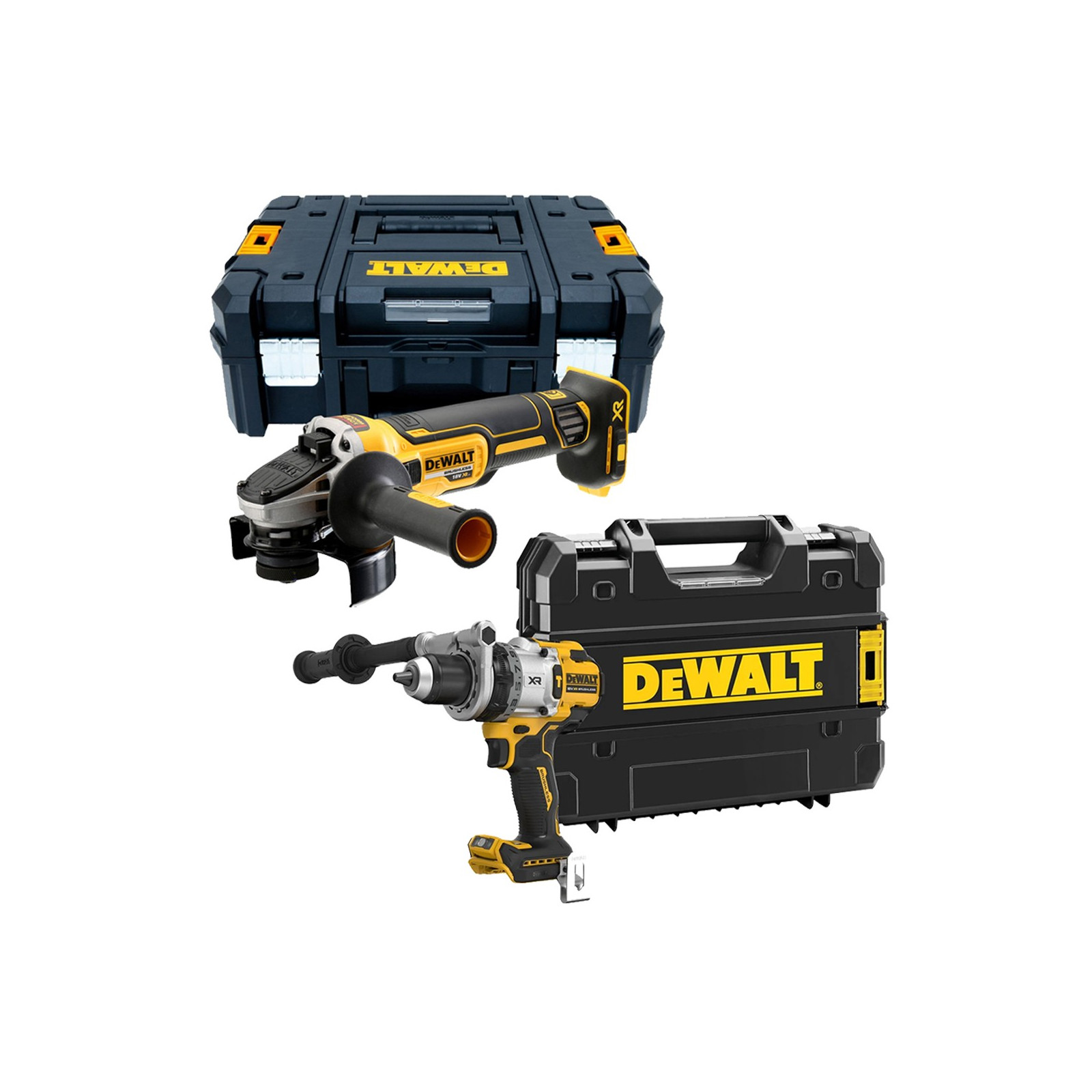 dcd1007nt-dewalt-18v-suktuvas-smuginis-greztuvas-dcg405nt-18v-kampinis-slifuoklis DCD1007NT DeWALT 18V suktuvas - smūginis gręžtuvas + DCG405NT 18V kampinis šlifuoklis - Image 1