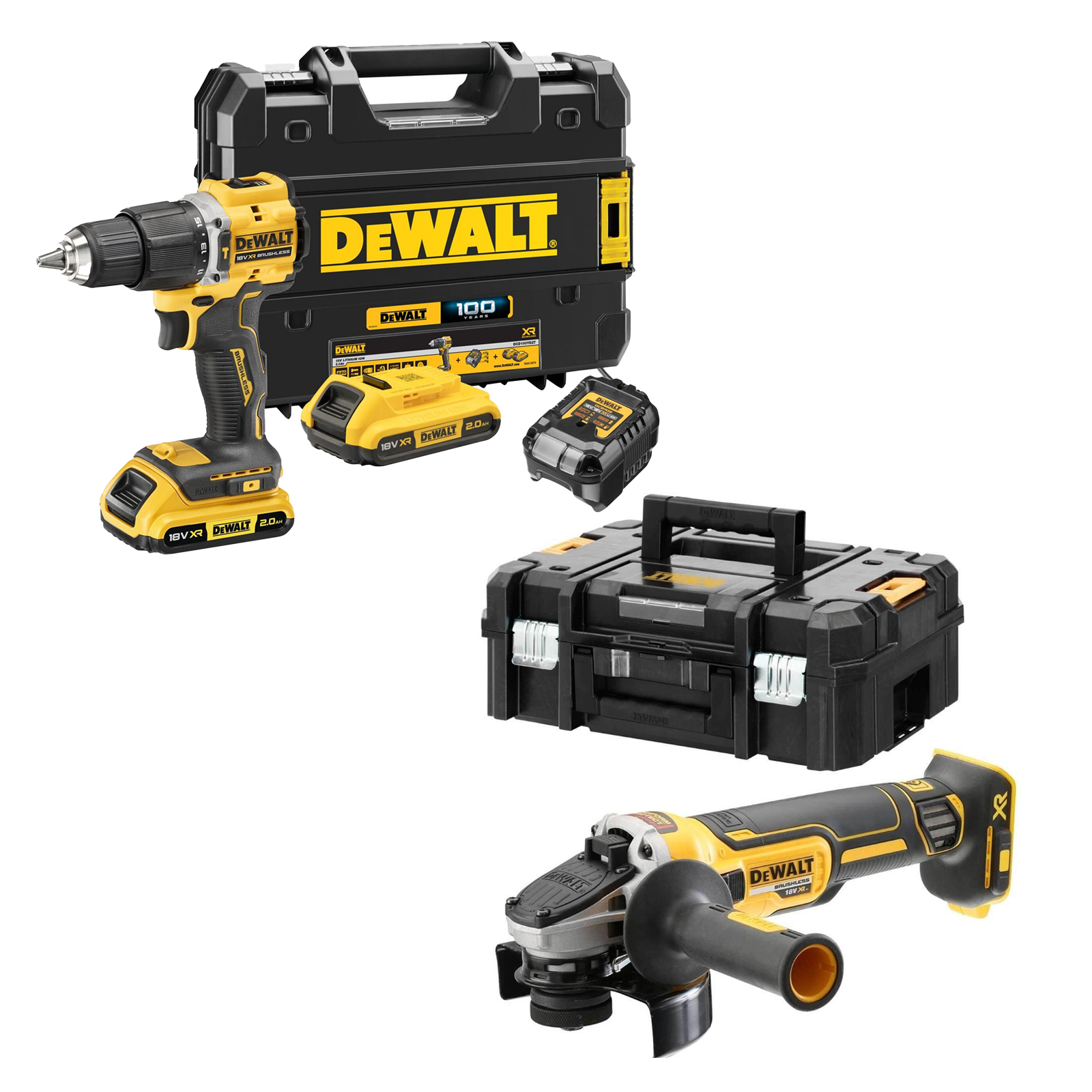 dcd100yd2t-dcg406nt-dewalt-18v-xr-suktuvas-smuginis-greztuvas-dewalt-18v-kampinis-slifuoklis-2x20-ah DCD100YD2T + DCG406NT DeWALT 18V XR suktuvas – smūginis gręžtuvas + DeWALT 18V kampinis šlifuoklis (2x2.0 Ah) - Image 1