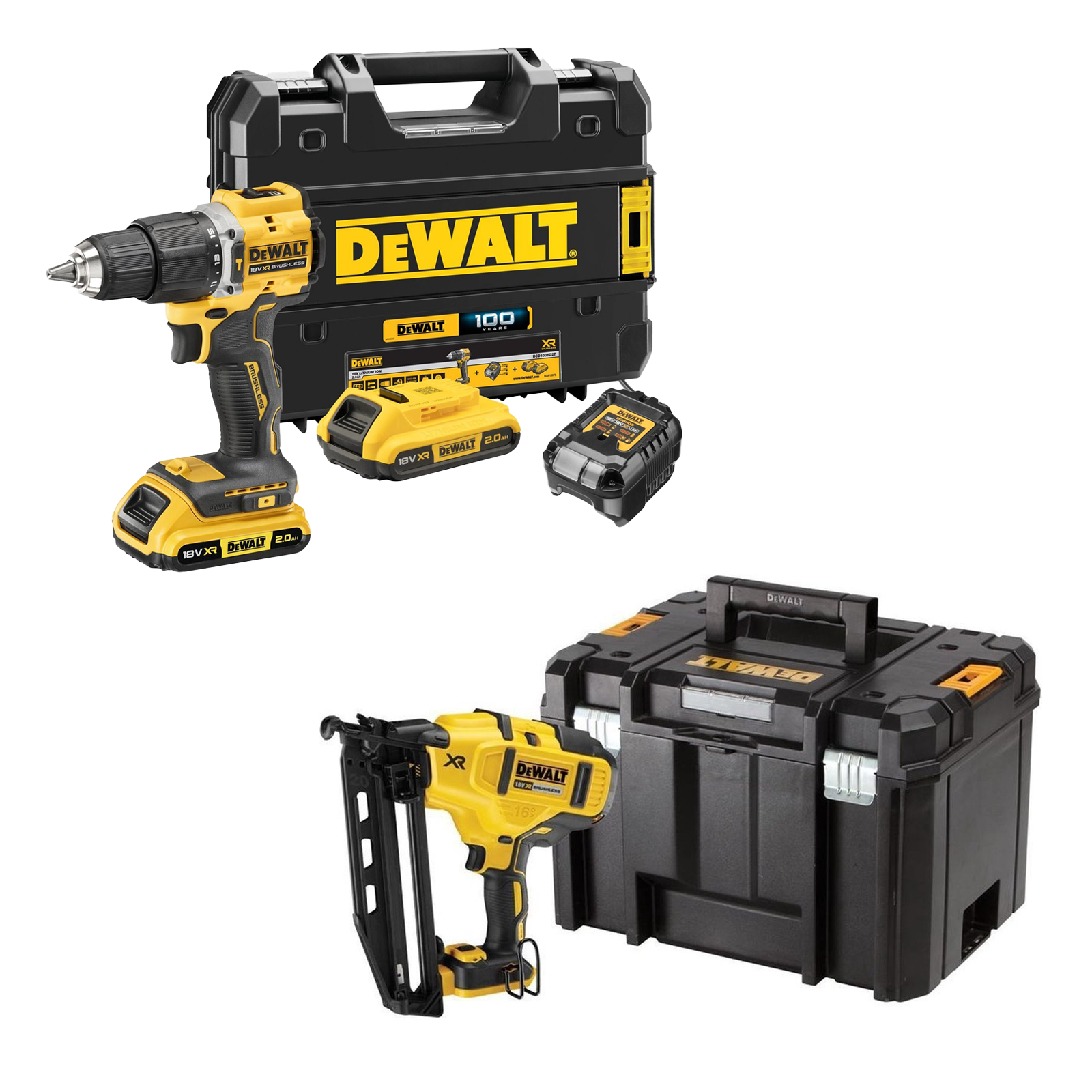 dcd100yd2t-dcn660nt-dewalt-18v-xr-suktuvas-smuginis-greztuvas-dewalt-18-v-xr-16-ga-akumuliatorine-viniakale-2x20-ah DCD100YD2T + DCN660NT DeWALT 18V XR suktuvas – smūginis gręžtuvas + DeWALT 18 V XR 16 Ga akumuliatorinė viniakalė (2x2.0 Ah) - Image 1