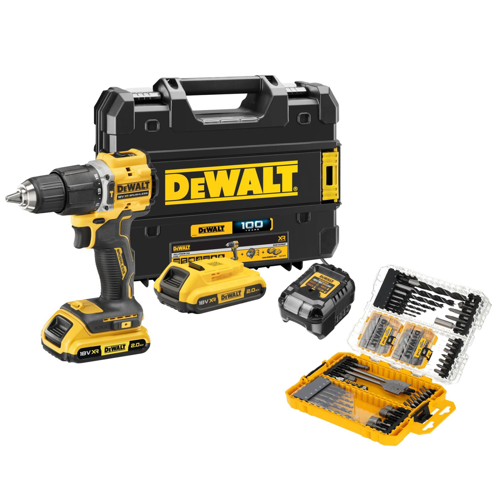 dcd100yd2t-dewalt-18v-xr-suktuvas-smuginis-greztuvas-2x20-ah-dt70784-100-vnt-priedu-rinkinys DCD100YD2T DeWALT 18V XR suktuvas – smūginis gręžtuvas (2x2.0 Ah) + DT70784 100 vnt. priedų rinkinys - Image 1