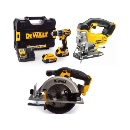 DCD796P2 DeWALT 18V suktuvas – smūginis gręžtuvas + DCS331N 18V siaurapjūklis + DCS391N 18V diskinis pjūklas + dėžė