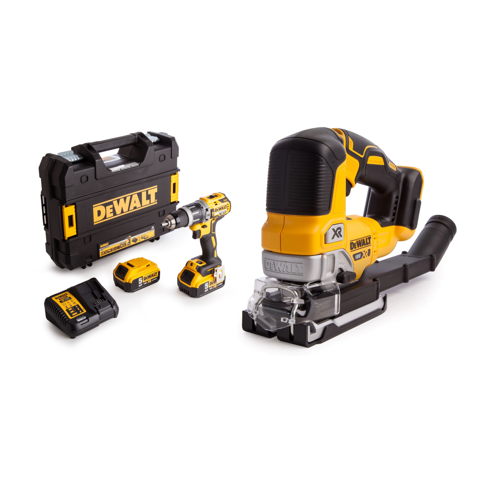 dcd796p2-dewalt-18v-suktuvas-smuginis-greztuvas-dcs334n-18v-siaurapjuklis DCD796P2 DeWALT 18V suktuvas – smūginis gręžtuvas + DCS334N 18V siaurapjūklis - Image 1