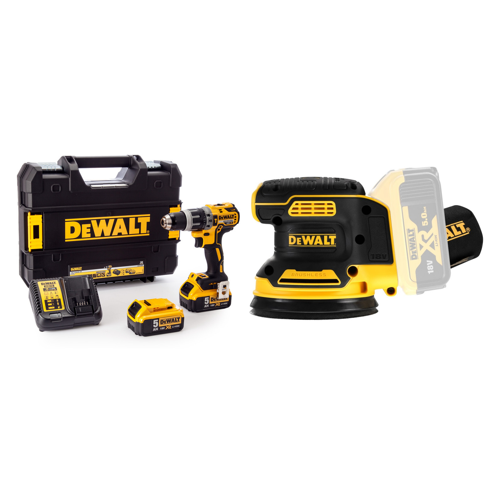 dcd796p2-dewalt-18v-suktuvas-smuginis-greztuvas-dcw210n-18v-125-mm-ekscentrinis-slifuoklis DCD796P2 DeWALT 18V suktuvas – smūginis gręžtuvas + DCW210N 18V 125 mm ekscentrinis šlifuoklis - Image 1