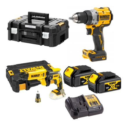 DCD800M2 DeWALT 18V suktuvas-gręžtuvas + DCF620NK DeWALT 18V akumuliatorinis juostinis suktuvas (2x4.0 Ah)