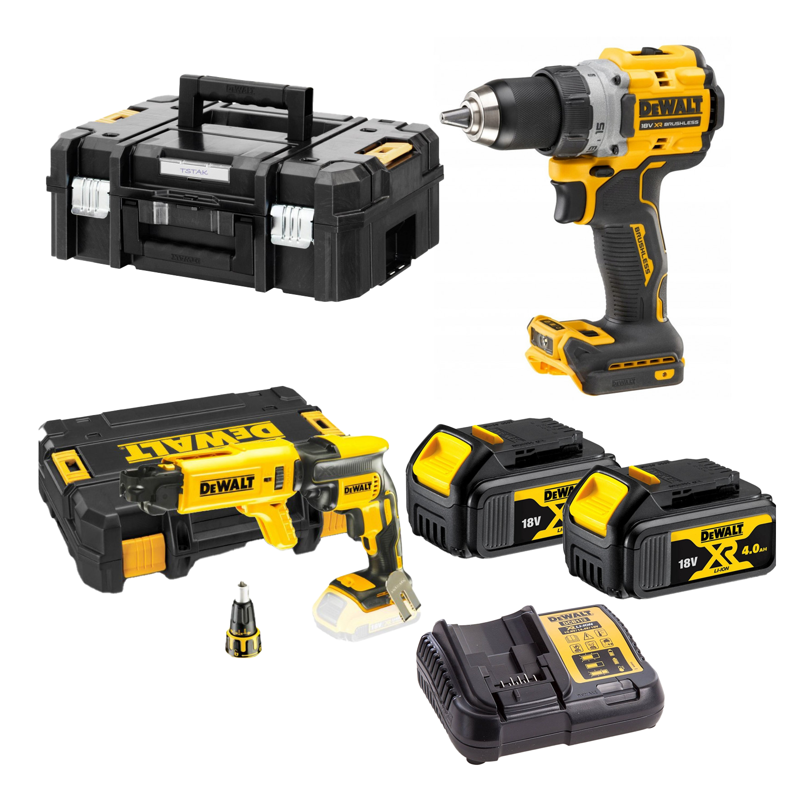 dcd800m2-dewalt-18v-suktuvas-greztuvas-dcf620nk-dewalt-18v-akumuliatorinis-juostinis-suktuvas-2x40-ah DCD800M2 DeWALT 18V suktuvas-gręžtuvas + DCF620NK DeWALT 18V akumuliatorinis juostinis suktuvas (2x4.0 Ah) - Image 1