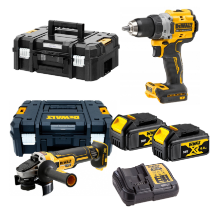 DCD800M2 DeWALT 18V suktuvas-gręžtuvas + DCG405NT DeWALT 18V kampinis šlifuoklis (2x4.0 Ah)