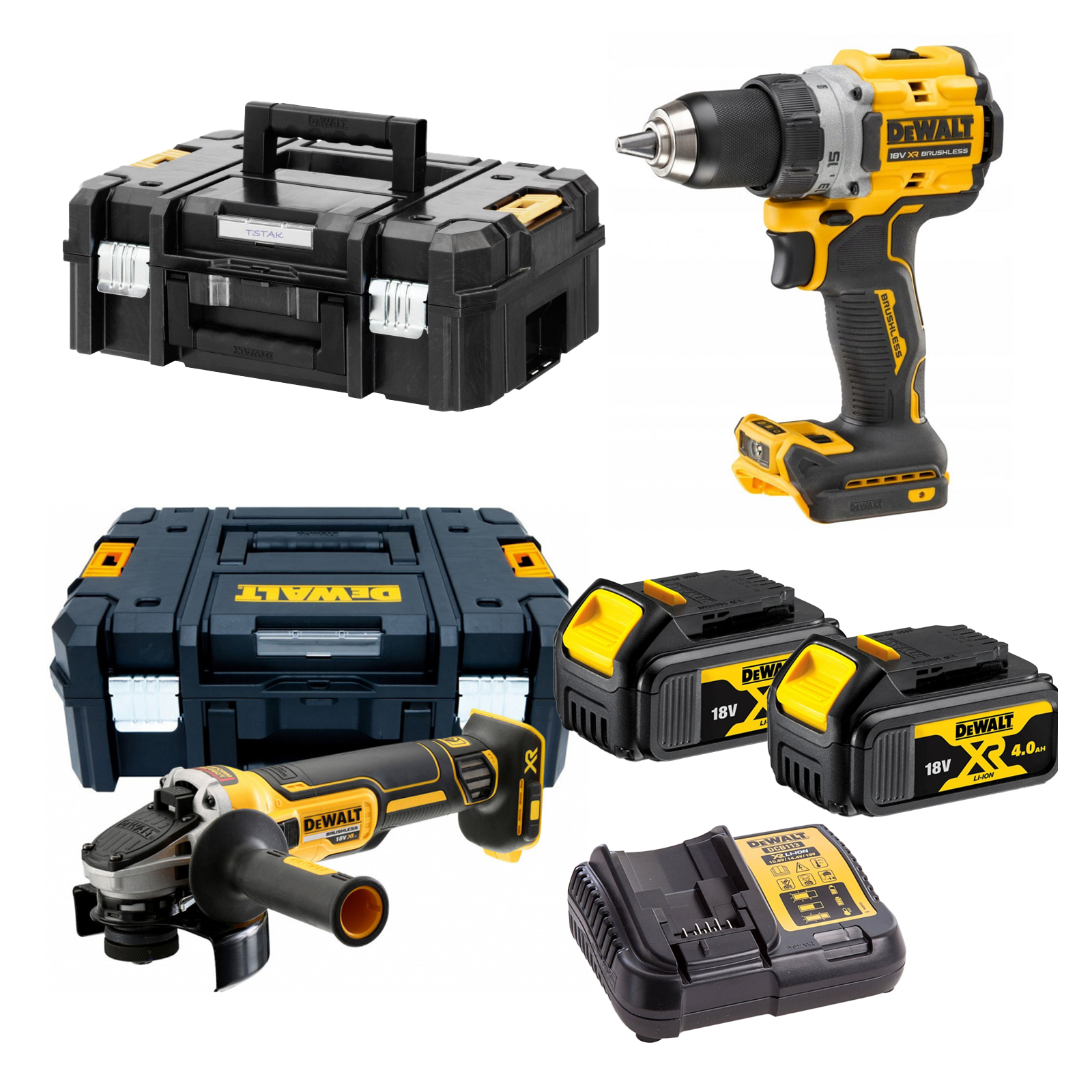dcd800m2-dewalt-18v-suktuvas-greztuvas-dcg405nt-dewalt-18v-kampinis-slifuoklis-2x40-ah DCD800M2 DeWALT 18V suktuvas-gręžtuvas + DCG405NT DeWALT 18V kampinis šlifuoklis (2x4.0 Ah) - Image 1