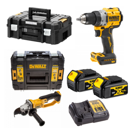 DCD800M2 DeWALT 18V suktuvas-gręžtuvas + DCG412NT DeWALT 18V XR Li-Ion kampinis šlifuoklis (2x4.0 Ah)