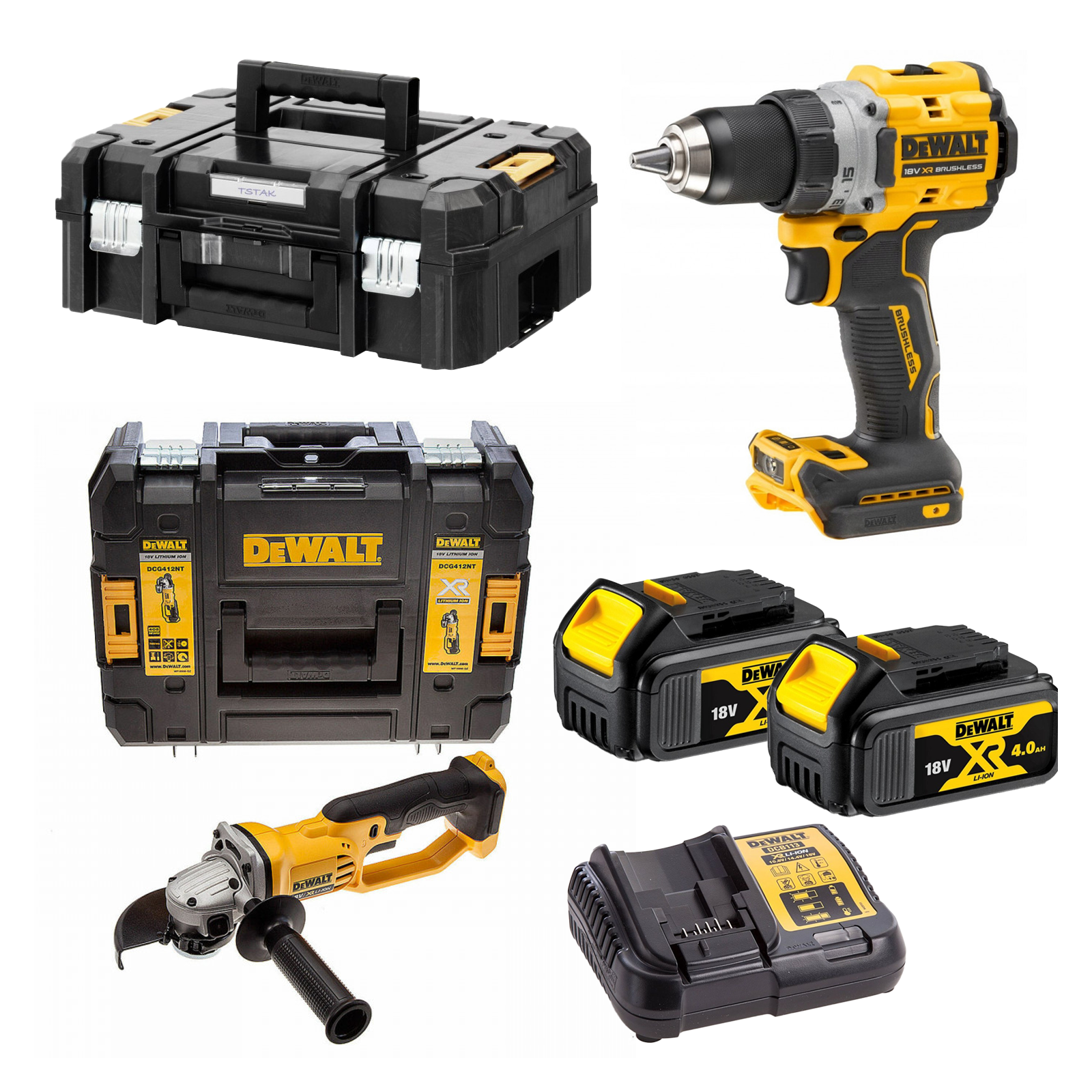 dcd800m2-dewalt-18v-suktuvas-greztuvas-dcg412nt-dewalt-18v-xr-li-ion-kampinis-slifuoklis-2x40-ah DCD800M2 DeWALT 18V suktuvas-gręžtuvas + DCG412NT DeWALT 18V XR Li-Ion kampinis šlifuoklis (2x4.0 Ah) - Image 1
