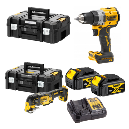 DCD800M2 DeWALT 18V suktuvas-gręžtuvas + DCS356NT DeWALT 18V daugiafunkcinis įrankis (2x4.0 Ah)