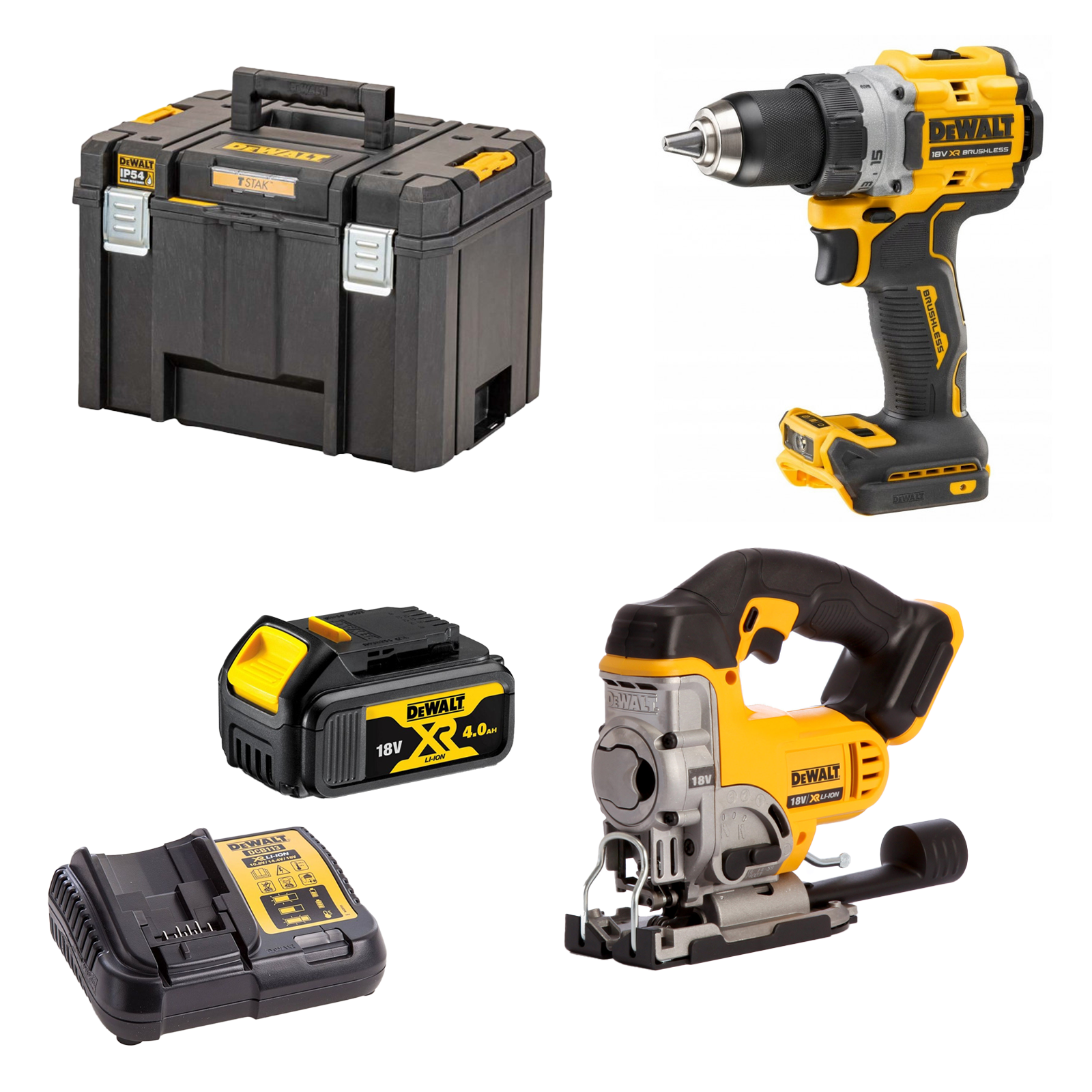 dcd800n-dewalt-18v-suktuvas-greztuvas-dcs331n-dewalt-18v-xr-li-ion-siaurapjuklis-1x40-ah DCD800N DeWALT 18V suktuvas-gręžtuvas + DCS331N DeWALT 18V XR Li-Ion siaurapjūklis (1x4.0 Ah) - Image 1