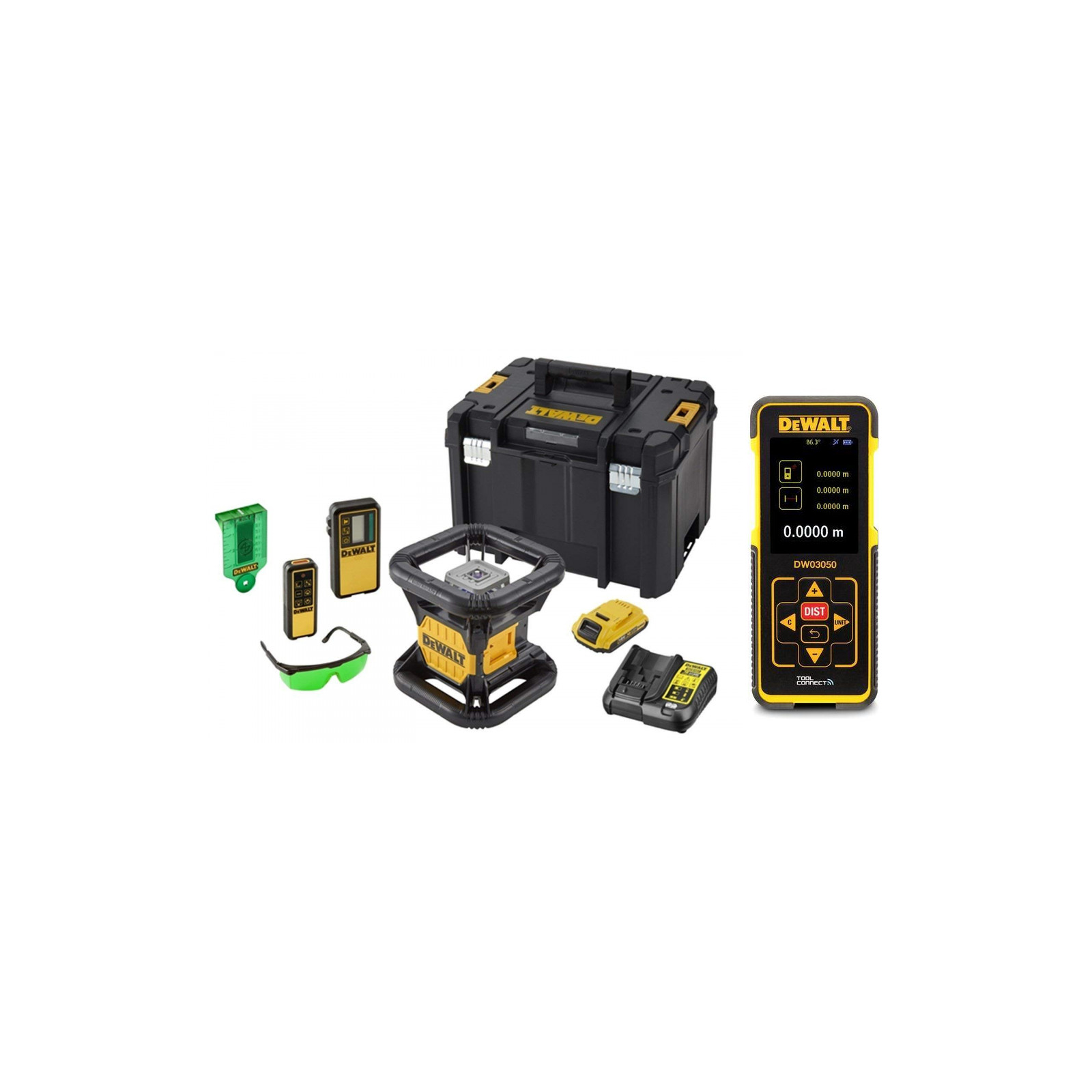 dce079d1g-dewalt-akumuliatorinis-rotacinis-nivelyras-dw03050-lazerinis-atstumu-matuoklis DCE079D1G DeWALT akumuliatorinis rotacinis nivelyras + DW03050 lazerinis atstumų matuoklis - Image 1