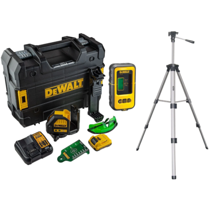 DCE088D1G DeWALT kryžminių linijų lazerinis nivelyras + DE0892G lazerio detektorius + 1-77-201 Stanley stovas