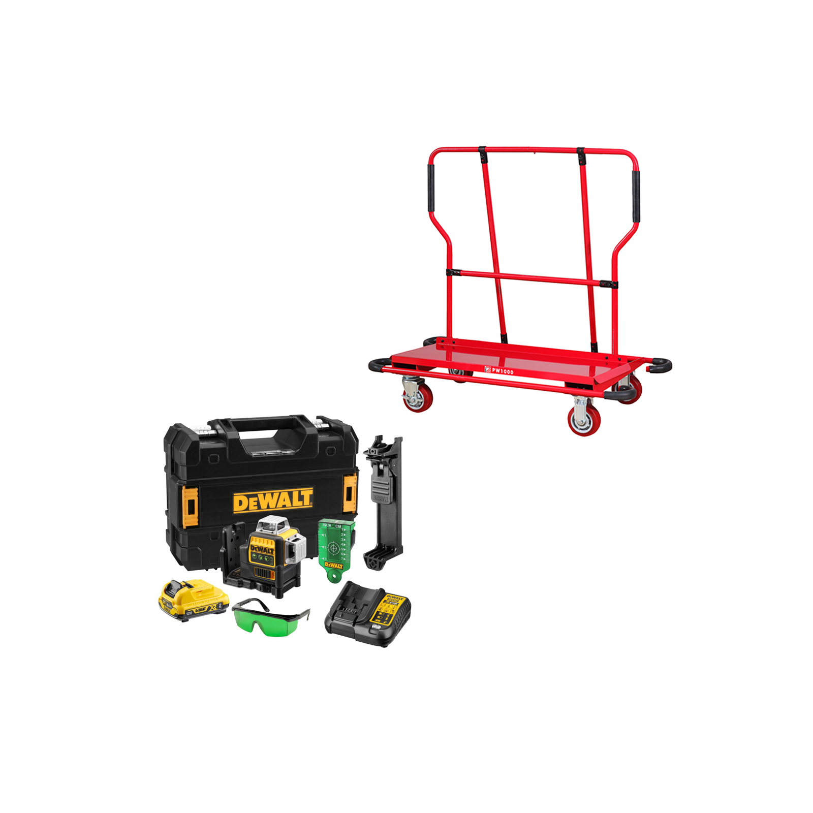 dce089d1g-dewalt-kryzminiu-liniju-lazeris-1x20-ah-pw1000-gipskartonio-ploksciu-vezimelis DCE089D1G DeWALT kryžminių linijų lazeris (1x2.0 Ah) + PW1000 gipskartonio plokščių vežimėlis - Image 1