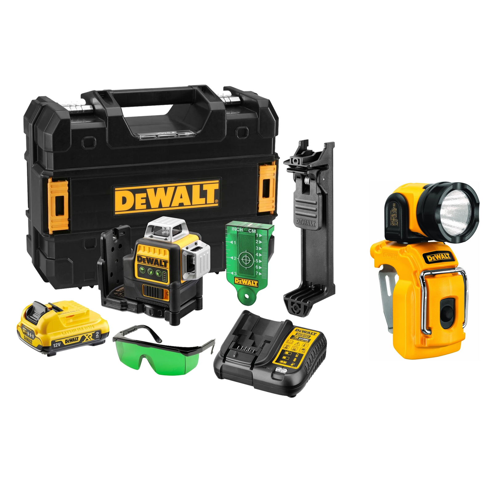 dce089d1g-dewalt-kryzminiu-liniju-lazeris-dcl510n-dewalt-108v12v-led-kompaktiskas-sviestuvas-2x20-ah DCE089D1G DeWALT kryžminių linijų lazeris + DCL510N DeWALT 10.8V/12V LED kompaktiškas šviestuvas (2x2.0 Ah) - Image 1