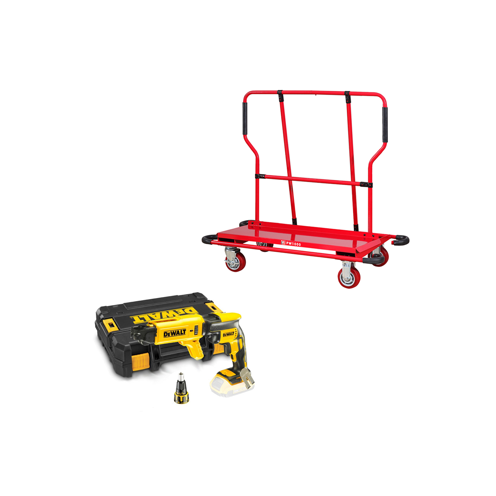 dcf620nk-dewalt-18v-akumuliatorinis-juostinis-suktuvas-pw1000-gipskartonio-ploksciu-vezimelis DCF620NK DeWALT 18V akumuliatorinis juostinis suktuvas + PW1000 gipskartonio plokščių vežimėlis - Image 1