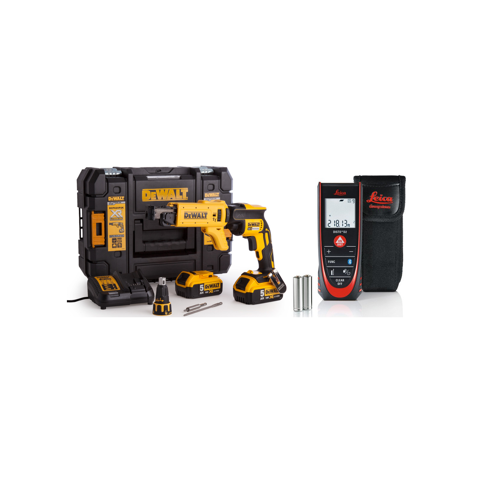 dcf620p2k-dewalt-18v-50-ah-gipskartonio-greztuvas-leica-disto-d2-bluetooth-lazerinis-atstumu-matuoklis DCF620P2K DeWALT 18V 5.0 Ah gipskartonio gręžtuvas + Leica Disto D2 Bluetooth lazerinis atstumų matuoklis - Image 1