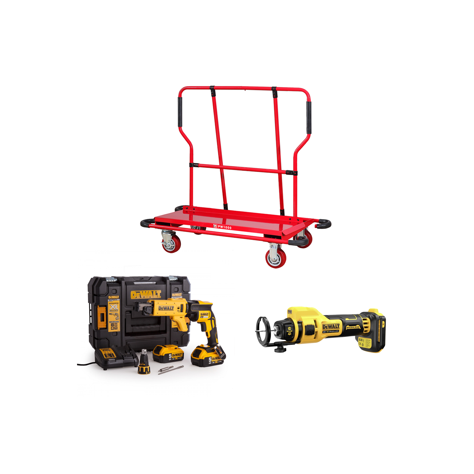 dcf620p2k-dewalt-18v-gipskartonio-suktuvas-2x50-ah-dce555n-freza-pw1000-ploksciu-vezimelis DCF620P2K DeWALT 18V gipskartonio suktuvas (2x5.0 Ah) + DCE555N freza + PW1000 plokščių vežimėlis - Image 1