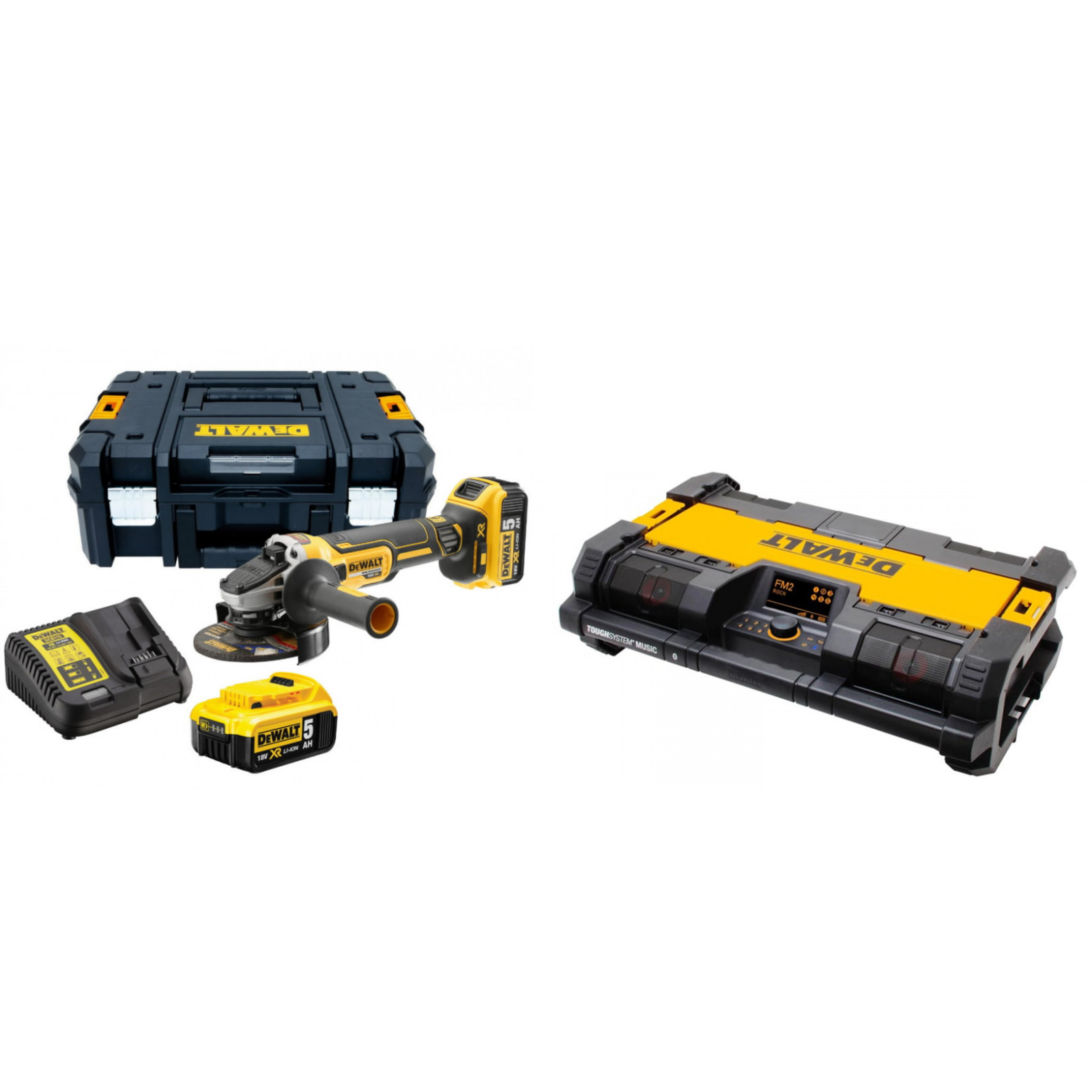 dcg405p2-dewalt-kampinis-slifuoklis-dwst1-75663-radijo-grotuvas DCG405P2 DeWALT kampinis šlifuoklis + DWST1-75663 radijo grotuvas - Image 1