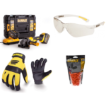DCG414T2 DeWALT 54V akumuliatorinis kampinis šlifuoklis + apsauginiai akiniai, pirštinės, vienkartiniai ausų kištukai