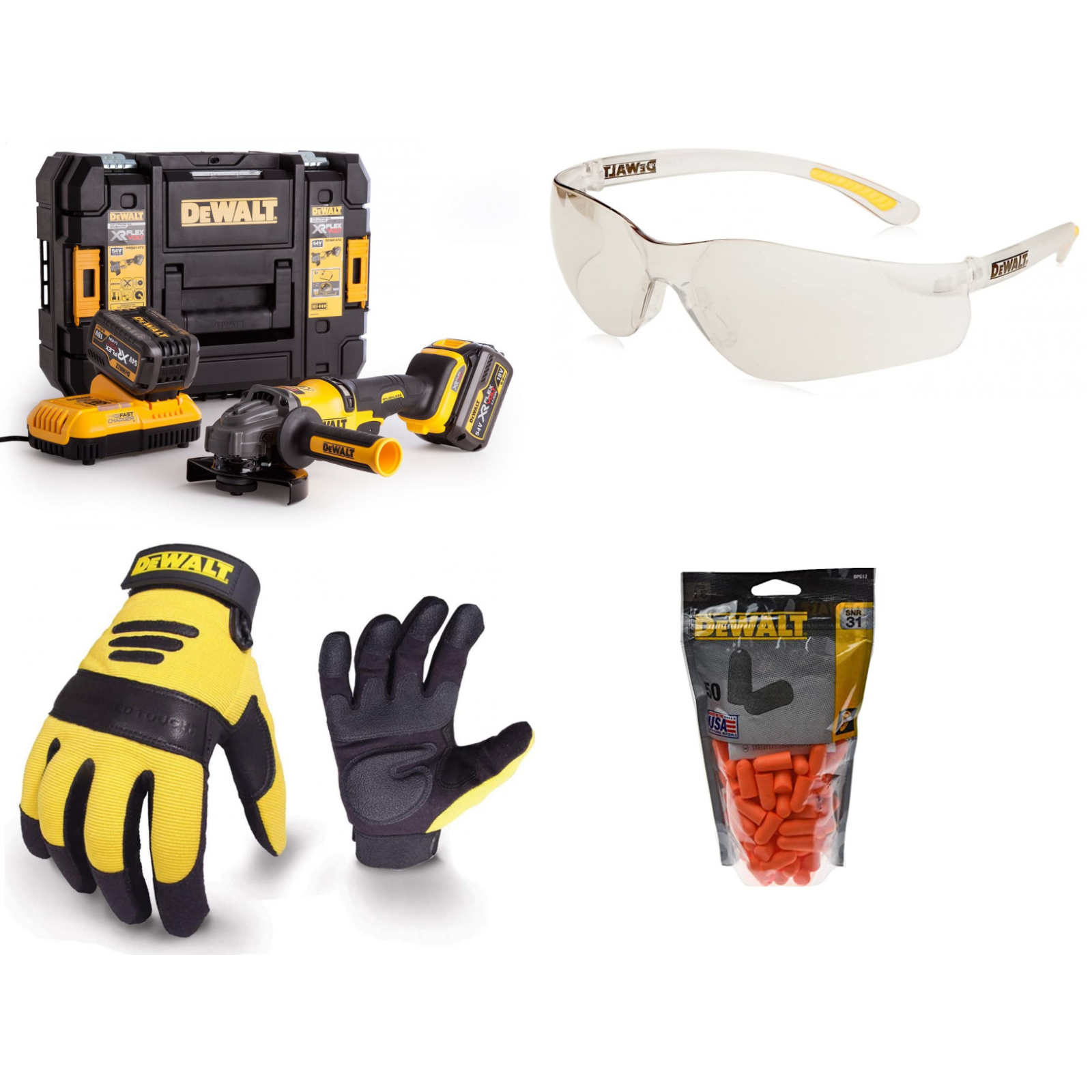 dcg414t2-dewalt-54v-akumuliatorinis-kampinis-slifuoklis-apsauginiai-akiniai-pirstines-vienkartiniai-ausu-kistukai DCG414T2 DeWALT 54V akumuliatorinis kampinis šlifuoklis + apsauginiai akiniai, pirštinės, vienkartiniai ausų kištukai - Image 1