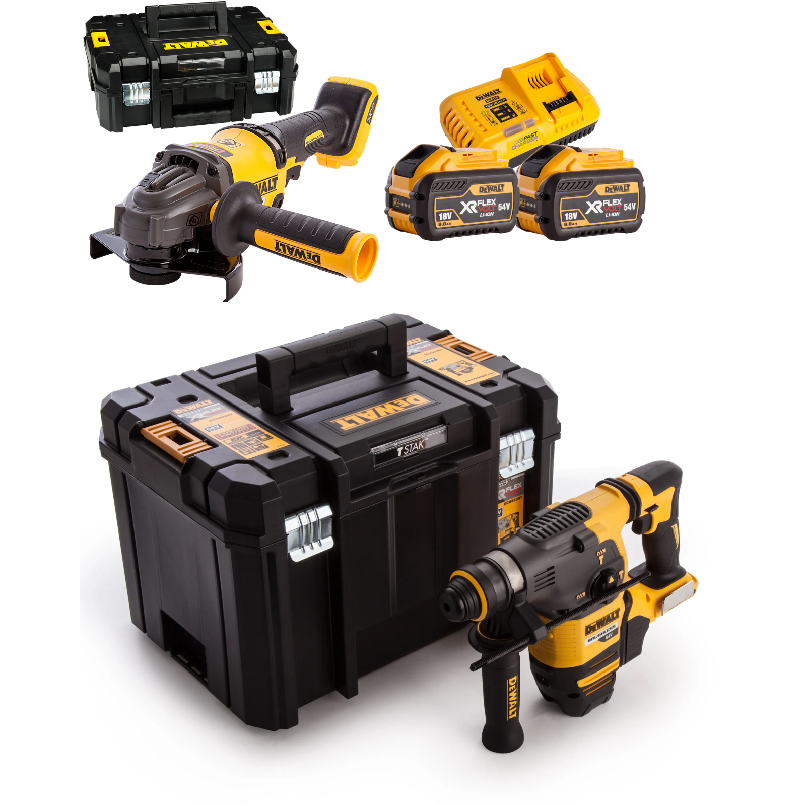 dcg414x2-dewalt-flexvolt-54v-kampinis-slifuoklis-dch333nt-54v-perforatorius DCG414X2 DeWALT FLEXVOLT 54V kampinis šlifuoklis + DCH333NT 54V perforatorius - Image 1