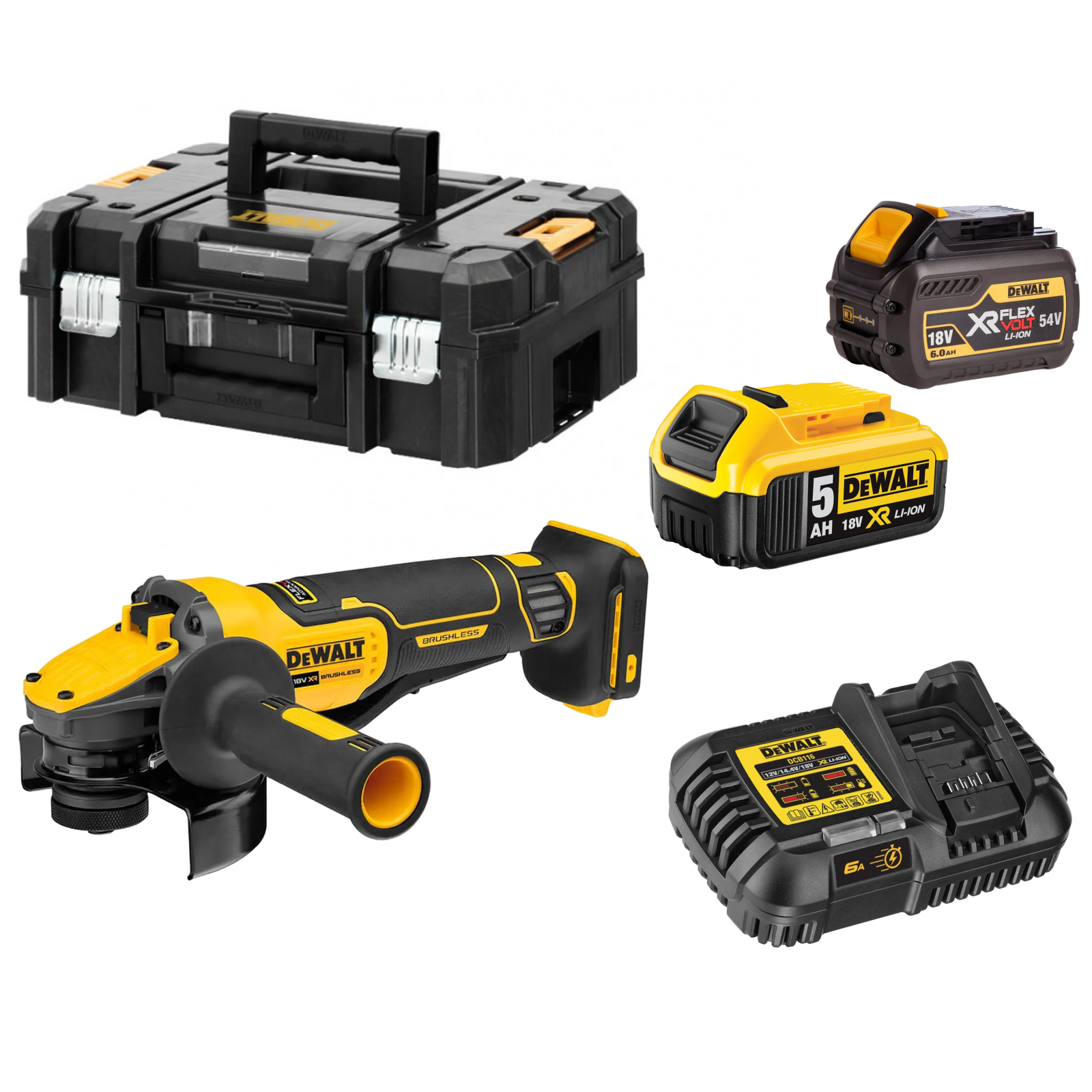 dcg416vsp1t1-dewalt-18v-flexvolt-advantage-kampinis-slifuoklis-1x601x50-ah DCG416VSP1T1 DeWALT 18V FLEXVOLT Advantage reguliuojamų greičių kampinis šlifuoklis (1x6.0+1x5.0 Ah) - Image 1