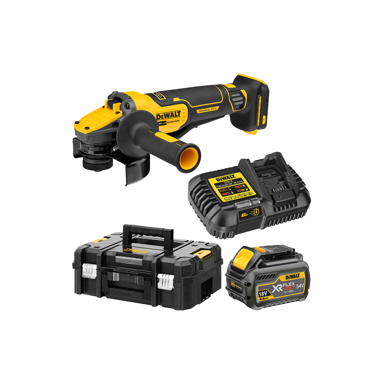 dcg416vst1-dewalt-18v-flexvolt-advantage-kampinis-slifuoklis-1x60-ah DCG416VST1 DeWALT 18V FLEXVOLT Advantage reguliuojamų greičių kampinis šlifuoklis (1x6.0 Ah) - Image 1