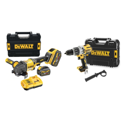 DCG418T2 DeWALT FLEXVOLT 54V kampinis šlifuoklis + DCD996NT 18V suktuvas – smūginis gręžtuvas