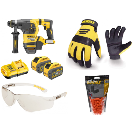 DCH333X2 DeWALT FLEXVOLT 54V SDS-Plus perforatorius 30mm + apsuginiai akiniai, pirštinės, vienkartiniai ausų kištukai